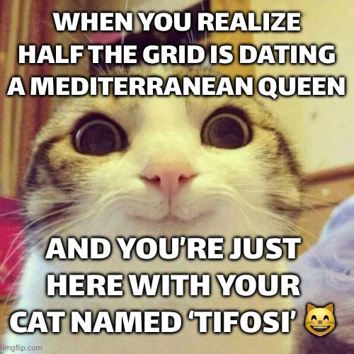 WHEN I REALIZE RUSSELL, GASLY, VERSTAPPEN, NORRIS, AND LECLERC ALL GOT MEDITERRANEAN GIRLFRIENDS | WHEN YOU REALIZE HALF THE GRID IS DATING A MEDITERRANEAN QUEEN; AND YOU’RE JUST HERE WITH YOUR CAT NAMED ‘TIFOSI’ 😸 | image tagged in memes,smiling cat,girlfriends,formula 1,racing,cat memes | made w/ Imgflip meme maker