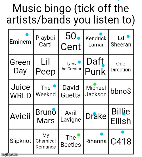 blue = did listen at some point, green = currently listen | image tagged in music bingo | made w/ Imgflip meme maker