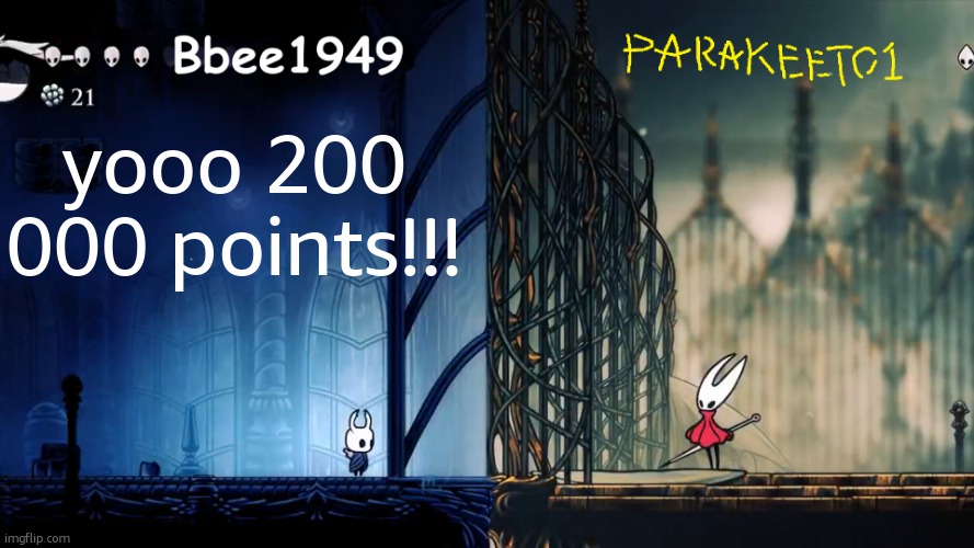 last post for the night | yooo 200 000 points!!! | image tagged in parakeet and bbee shared template | made w/ Imgflip meme maker