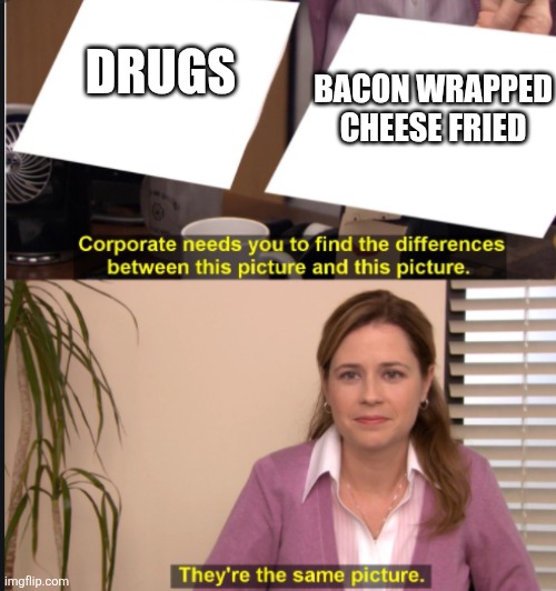 They're the same picture | DRUGS BACON WRAPPED CHEESE FRIED | image tagged in they're the same picture | made w/ Imgflip meme maker