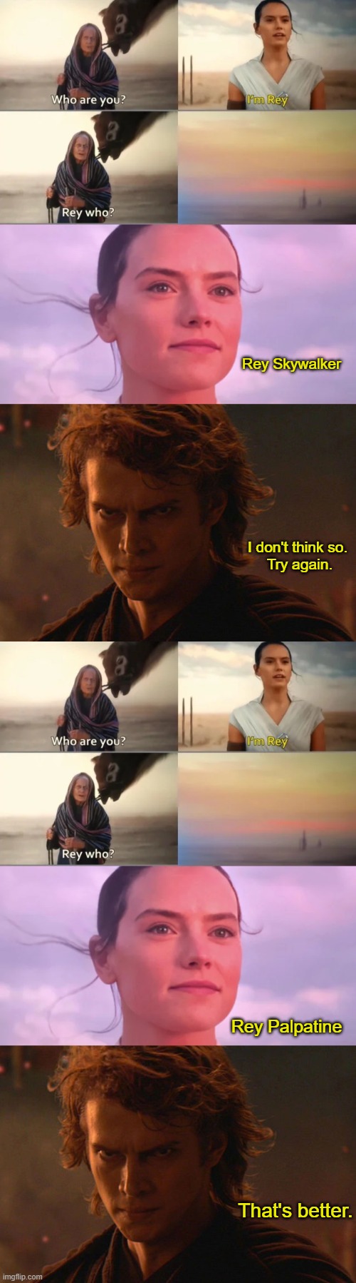 Pfft "Found Family" Claim | Rey Skywalker; I don't think so. 
Try again. Rey Palpatine; That's better. | image tagged in rey who,angry anakin | made w/ Imgflip meme maker