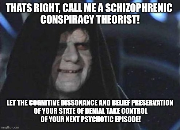 Emperor Palpatine  | THATS RIGHT, CALL ME A SCHIZOPHRENIC 
CONSPIRACY THEORIST! LET THE COGNITIVE DISSONANCE AND BELIEF PRESERVATION
 OF YOUR STATE OF DENIAL TAKE CONTROL
 OF YOUR NEXT PSYCHOTIC EPISODE! | image tagged in emperor palpatine | made w/ Imgflip meme maker