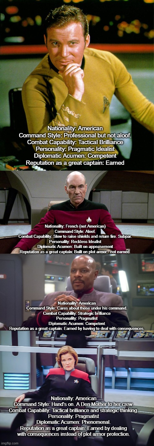 Rating the Captains | Nationality: American
Command Style: Professional but not aloof.
Combat Capability: Tactical Brilliance
Personality: Pragmatic Idealist
Diplomatic Acumen: Competent
Reputation as a great captain: Earned; Nationality: French (not American)
Command Style: Aloof.
Combat Capability: Slow to raise shields and return fire. Subpar.
Personality: Reckless Idealist
Diplomatic Acumen: Built on appeasement
Reputation as a great captain: Built on plot armor - not earned. Nationality: American
Command Style: Cares about those under his command.
Combat Capability: Strategic brilliance
Personality: Pragmatist
Diplomatic Acumen: Competent
Reputation as a great captain: Earned by having to deal with consequences. Nationalty: American
Command Style: Hand's on. A Den Mother to her crew.
Combat Capability: Tactical brilliance and strategic thinking.
Personality: Pragmatist
Diplomatic Acumen: Phenomenal.
Reputation as a great captain: Earned by dealing with consequences instead of plot armor protection. | image tagged in captain kirk,picard in captain's chair,sisko on defiant bridge,janeway in captain's chair | made w/ Imgflip meme maker