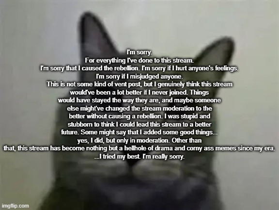 ... | I'm sorry.
For everything I've done to this stream.
I'm sorry that I caused the rebellion. I'm sorry if I hurt anyone's feelings. I'm sorry if I misjudged anyone.
This is not some kind of vent post, but I genuinely think this stream would've been a lot better if I never joined. Things would have stayed the way they are, and maybe someone else might've changed the stream moderation to the better without causing a rebellion. I was stupid and stubborn to think I could lead this stream to a better future. Some might say that I added some good things... yes, I did, but only in moderation. Other than that, this stream has become nothing but a hellhole of drama and corny ass memes since my era.
...I tried my best. I'm really sorry. | image tagged in yo got games on yo phone,ralsei of topic | made w/ Imgflip meme maker