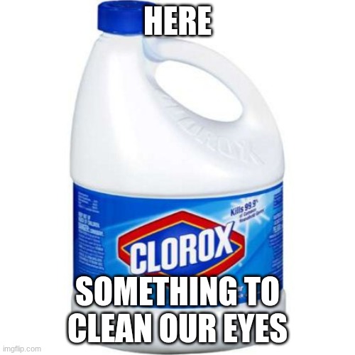 bleach | HERE; SOMETHING TO CLEAN OUR EYES | image tagged in bleach | made w/ Imgflip meme maker