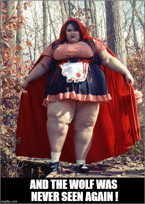 Not So 'Little' Red Riding Hood Leaving The Forest ... | AND THE WOLF WAS
 NEVER SEEN AGAIN ! | image tagged in obese,little red riding hood,wolf,disappearence | made w/ Imgflip meme maker