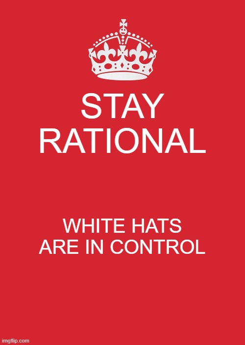 Keep Calm And Carry On Red Meme | STAY RATIONAL; WHITE HATS ARE IN CONTROL | image tagged in memes,keep calm and carry on red | made w/ Imgflip meme maker