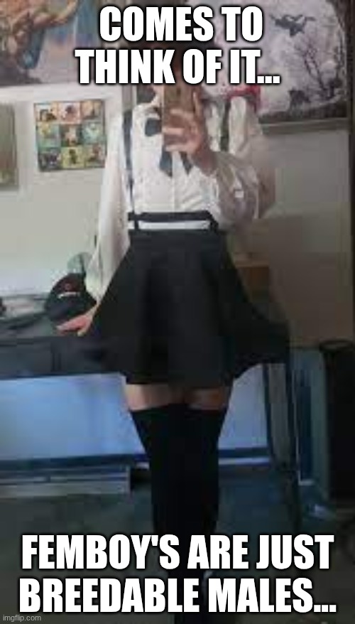 think about it.. | COMES TO THINK OF IT... FEMBOY'S ARE JUST BREEDABLE MALES... | image tagged in femboi,think about it,no no he's got a point | made w/ Imgflip meme maker