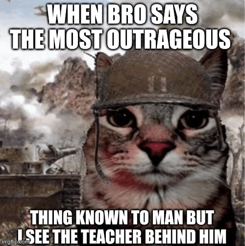 War Cat | WHEN BRO SAYS THE MOST OUTRAGEOUS; THING KNOWN TO MAN BUT I SEE THE TEACHER BEHIND HIM | image tagged in war cat | made w/ Imgflip meme maker
