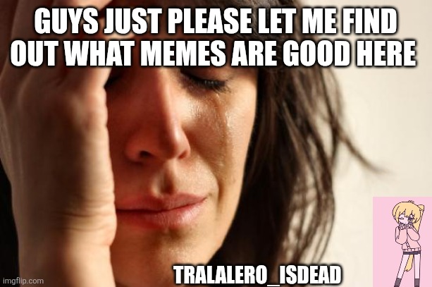 First World Problems | GUYS JUST PLEASE LET ME FIND OUT WHAT MEMES ARE GOOD HERE; TRALALERO_ISDEAD | image tagged in memes,first world problems | made w/ Imgflip meme maker