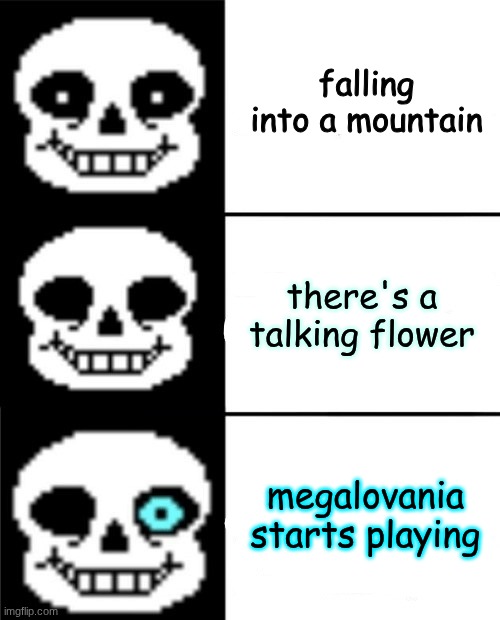 rela | falling into a mountain; there's a talking flower; megalovania starts playing | image tagged in sans | made w/ Imgflip meme maker