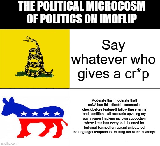 Tuxedo Winnie The Pooh | THE POLITICAL MICROCOSM OF POLITICS ON IMGFLIP; Say whatever who gives a cr*p; Moderate this! moderate that! nsfw! ban this! disable comments! check before featured! follow these terms and conditions! alt accounts upvoting my own memes! making my own subsection where i can ban everyone!  banned for bullying! banned for racism! unfeatured for language! tempban for making fun of the crybaby! | image tagged in memes,tuxedo winnie the pooh | made w/ Imgflip meme maker
