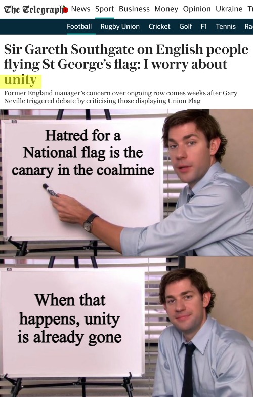 The flag of your Nation has to be over all other flags - otherwise union is not the goal in the first place | Hatred for a National flag is the canary in the coalmine; When that happens, unity is already gone | image tagged in jim halpert explains,unity,uk,great britain,politics | made w/ Imgflip meme maker