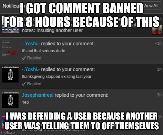 Why do moderators gotta do things like this? | I GOT COMMENT BANNED FOR 8 HOURS BECAUSE OF THIS; I WAS DEFENDING A USER BECAUSE ANOTHER USER WAS TELLING THEM TO OFF THEMSELVES | image tagged in moderators | made w/ Imgflip meme maker