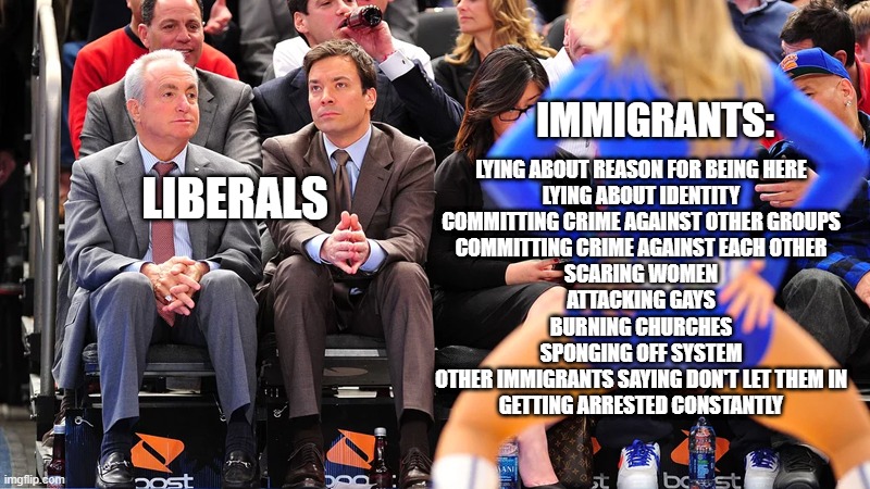 That awkward moment when you have to pretend you don't see anything, anyone or any situation ever | IMMIGRANTS:; LIBERALS; LYING ABOUT REASON FOR BEING HERE
LYING ABOUT IDENTITY
COMMITTING CRIME AGAINST OTHER GROUPS
COMMITTING CRIME AGAINST EACH OTHER
SCARING WOMEN
ATTACKING GAYS
BURNING CHURCHES
SPONGING OFF SYSTEM
OTHER IMMIGRANTS SAYING DON'T LET THEM IN
GETTING ARRESTED CONSTANTLY | image tagged in jimmy fallon ignores cheerleader | made w/ Imgflip meme maker