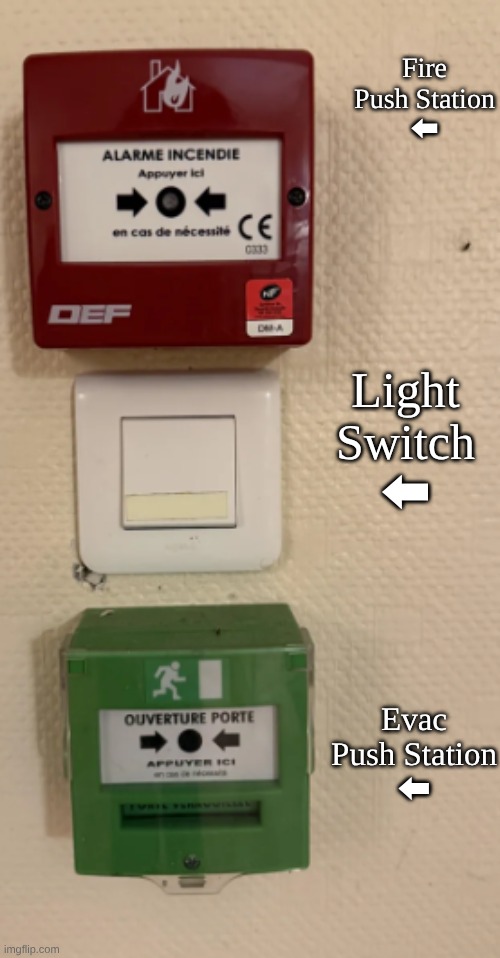 Fire Push Station
⬅; Light Switch
⬅; Evac Push Station
⬅ | made w/ Imgflip meme maker