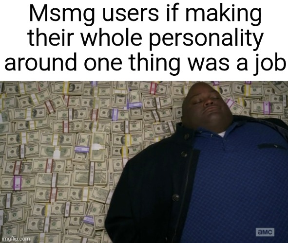guy sleeping on pile of money | Msmg users if making their whole personality around one thing was a job | image tagged in guy sleeping on pile of money | made w/ Imgflip meme maker