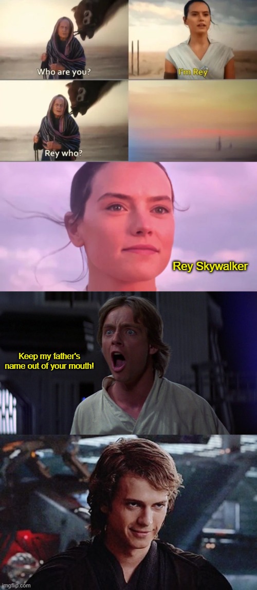 It looks like Rey said something wrong. | Rey Skywalker; Keep my father's name out of your mouth! | image tagged in rey who,luke skywalker scream,smug anakin,repost | made w/ Imgflip meme maker