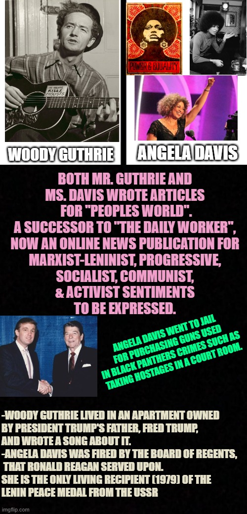 ANGELA DAVIS; WOODY GUTHRIE; BOTH MR. GUTHRIE AND 
MS. DAVIS WROTE ARTICLES 
FOR "PEOPLES WORLD".
A SUCCESSOR TO "THE DAILY WORKER", 
NOW AN ONLINE NEWS PUBLICATION FOR 
MARXIST-LENINIST, PROGRESSIVE, 
SOCIALIST, COMMUNIST, 
& ACTIVIST SENTIMENTS 
TO BE EXPRESSED. ANGELA DAVIS WENT TO JAIL
FOR PURCHASING GUNS USED
IN BLACK PANTHERS CRIMES SUCH AS
TAKING HOSTAGES IN A COURT ROOM. -WOODY GUTHRIE LIVED IN AN APARTMENT OWNED 
BY PRESIDENT TRUMP'S FATHER, FRED TRUMP,
AND WROTE A SONG ABOUT IT.
-ANGELA DAVIS WAS FIRED BY THE BOARD OF REGENTS,
 THAT RONALD REAGAN SERVED UPON. 
SHE IS THE ONLY LIVING RECIPIENT (1979) OF THE 
LENIN PEACE MEDAL FROM THE USSR | image tagged in split,blank | made w/ Imgflip meme maker