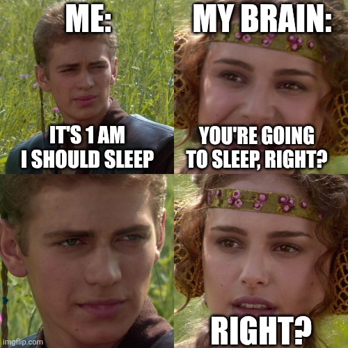 Anakin Padme 4 Panel | ME:; MY BRAIN:; IT'S 1 AM I SHOULD SLEEP; YOU'RE GOING TO SLEEP, RIGHT? RIGHT? | image tagged in anakin padme 4 panel | made w/ Imgflip meme maker