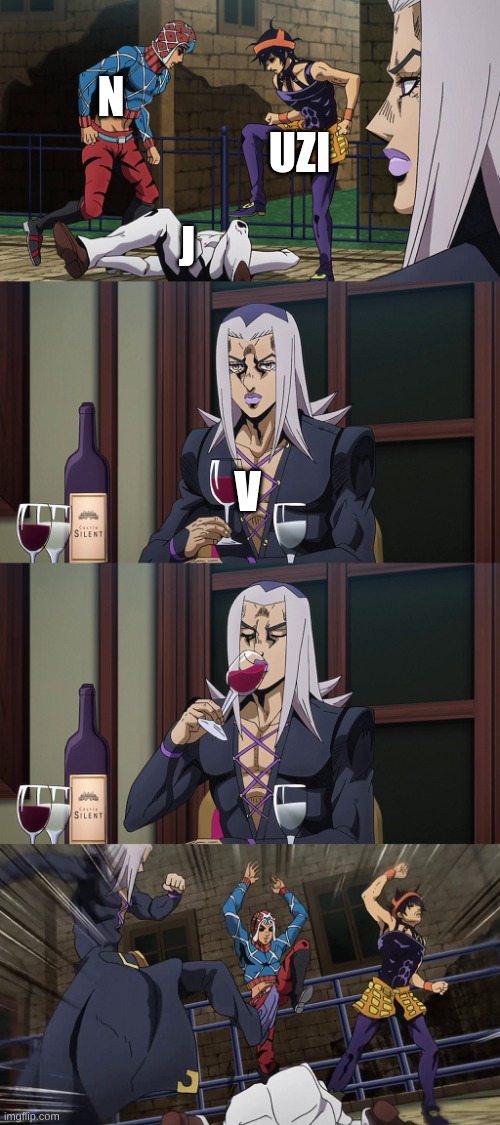 Abbacchio joins in the fun | N UZI J V | image tagged in abbacchio joins in the fun | made w/ Imgflip meme maker