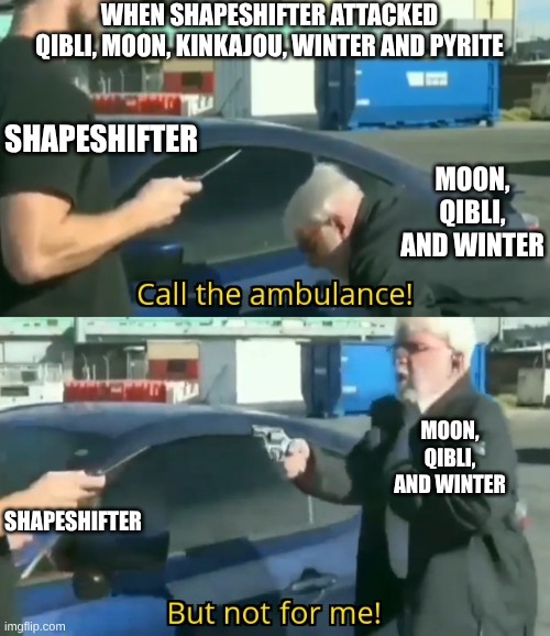 Call an ambulance but not for me | WHEN SHAPESHIFTER ATTACKED QIBLI, MOON, KINKAJOU, WINTER AND PYRITE; SHAPESHIFTER; MOON, QIBLI, AND WINTER; MOON, QIBLI, AND WINTER; SHAPESHIFTER | image tagged in call an ambulance but not for me | made w/ Imgflip meme maker