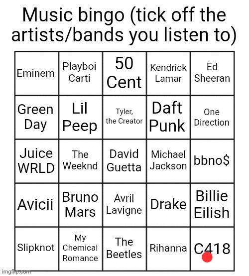 Minedcrafmpft | image tagged in music bingo | made w/ Imgflip meme maker