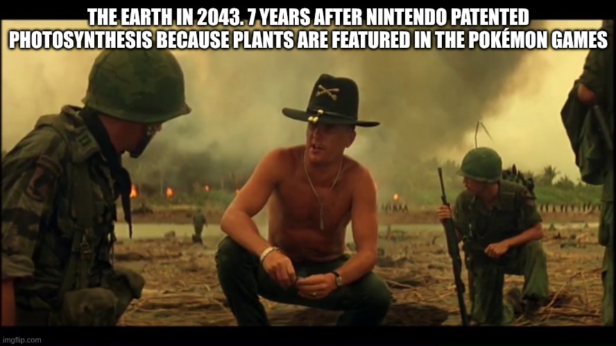 napalm | THE EARTH IN 2043. 7 YEARS AFTER NINTENDO PATENTED PHOTOSYNTHESIS BECAUSE PLANTS ARE FEATURED IN THE POKÉMON GAMES | image tagged in napalm | made w/ Imgflip meme maker