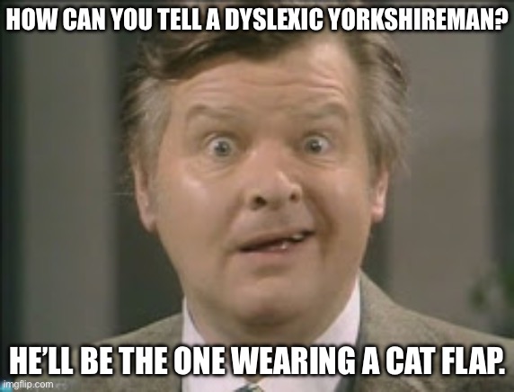 Yorkies | HOW CAN YOU TELL A DYSLEXIC YORKSHIREMAN? HE’LL BE THE ONE WEARING A CAT FLAP. | image tagged in benny hill look 7,yorkshire,dyslexia,cap,cat,bad pun | made w/ Imgflip meme maker