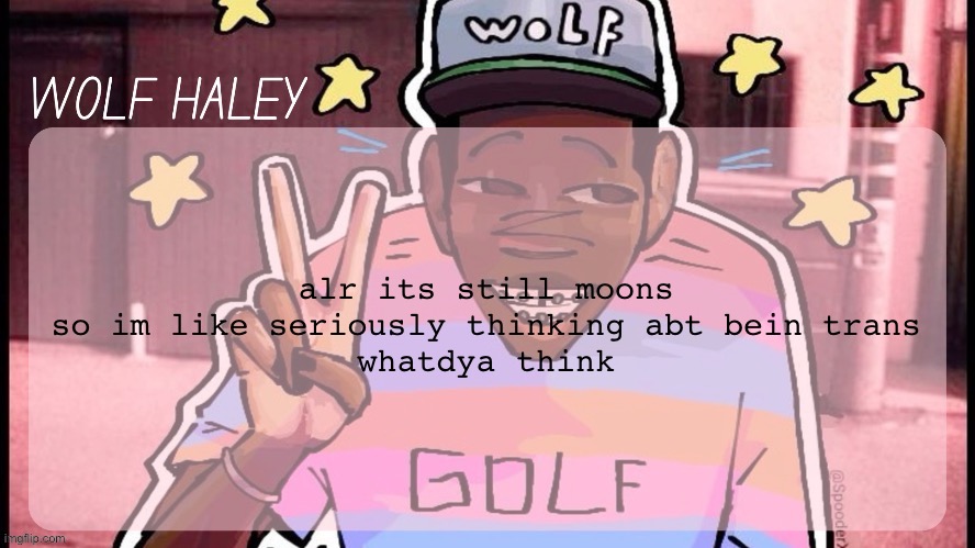 Foxed Wolf Haley Temp | alr its still moons
so im like seriously thinking abt bein trans
whatdya think | image tagged in foxed wolf haley temp | made w/ Imgflip meme maker