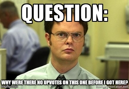 Dwight Question | WHY WERE THERE NO UPVOTES ON THIS ONE BEFORE I GOT HERE? | image tagged in dwight question | made w/ Imgflip meme maker