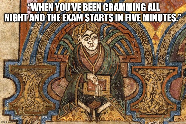 suffering middle ages book of kells | “WHEN YOU’VE BEEN CRAMMING ALL NIGHT AND THE EXAM STARTS IN FIVE MINUTES.” | image tagged in suffering middle ages book of kells | made w/ Imgflip meme maker