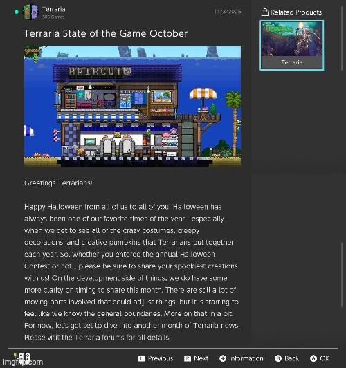 Terraria's October SOTG | image tagged in terraria,video games,nintendo switch,screenshots,news,updates | made w/ Imgflip meme maker