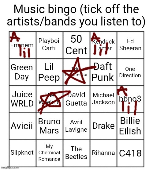 Music bingo | image tagged in music bingo | made w/ Imgflip meme maker