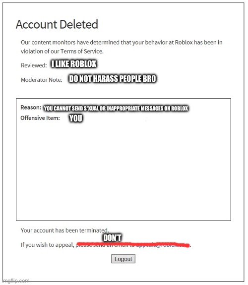 Roblox be like | I LIKE ROBLOX; DO NOT HARASS PEOPLE BRO; YOU CANNOT SEND S*XUAL OR INAPPROPRIATE MESSAGES ON ROBLOX; YOU; DON’T | image tagged in banned from roblox | made w/ Imgflip meme maker