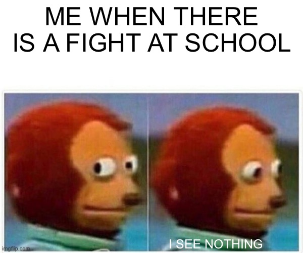 Monkey Puppet | ME WHEN THERE IS A FIGHT AT SCHOOL; I SEE NOTHING | image tagged in memes,monkey puppet | made w/ Imgflip meme maker