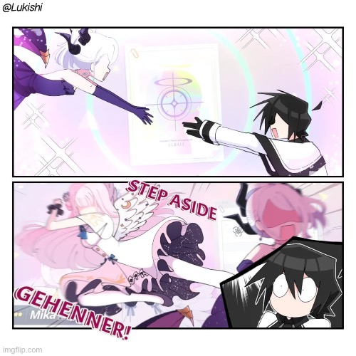 I know there’s more to the comic, but just this by itself is funny | image tagged in blue archive,hina,gehenna,mika,recruitment,comic | made w/ Imgflip meme maker