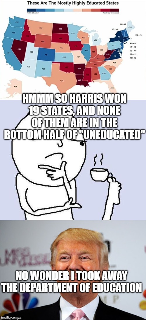 The real reason | HMMM SO HARRIS WON 19 STATES, AND NONE OF THEM ARE IN THE BOTTOM HALF OF "UNEDUCATED"; NO WONDER I TOOK AWAY THE DEPARTMENT OF EDUCATION | image tagged in thinking meme,donald trump approves | made w/ Imgflip meme maker