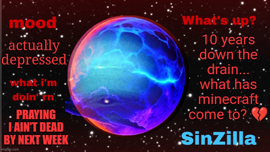 i relied on this game to keep me alive during hard times. Now, idfk what to do with myself now | 10 years down the drain...
what has minecraft come to? 💔; actually depressed; PRAYING I AIN'T DEAD BY NEXT WEEK | image tagged in what's going on here | made w/ Imgflip meme maker