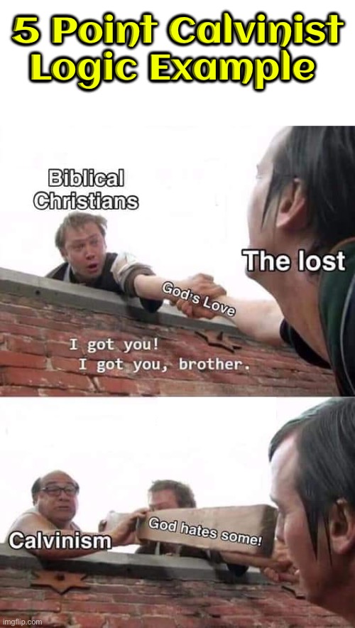5 Point Calvinist Logic | 5 Point Calvinist Logic Example | image tagged in christian memes,calvinism,arminian,christians christianity,logic,unbiblical trash dogma | made w/ Imgflip meme maker