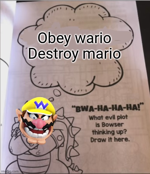 Imagine getting back shots from knuckles | Obey wario
Destroy mario | image tagged in bowser evil plot | made w/ Imgflip meme maker