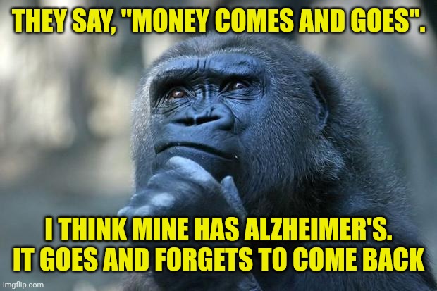 Deep Thoughts | THEY SAY, "MONEY COMES AND GOES". I THINK MINE HAS ALZHEIMER'S.
IT GOES AND FORGETS TO COME BACK | image tagged in deep thoughts | made w/ Imgflip meme maker
