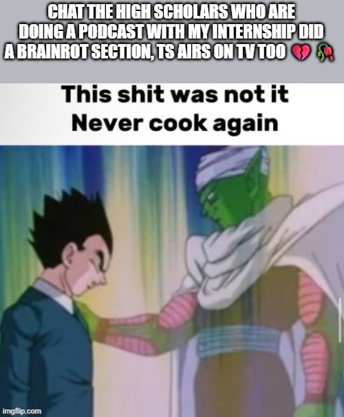 i just got done jibbing it ;-; | CHAT THE HIGH SCHOLARS WHO ARE DOING A PODCAST WITH MY INTERNSHIP DID A BRAINROT SECTION, TS AIRS ON TV TOO 💔🥀 | image tagged in this shit was not it never cook again | made w/ Imgflip meme maker
