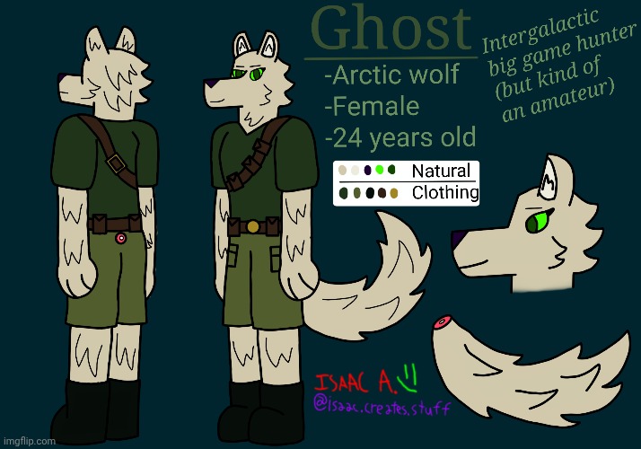 My new OC Ghost! She's a big game hunter who tracks down dangerous alien creatures | image tagged in furry,anthro,wolf,sci fi,space,hunter | made w/ Imgflip meme maker