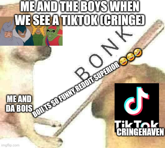 Reddit humor be like ? | ME AND THE BOYS WHEN WE SEE A TIKTOK (CRINGE); BOII TS SO FUNNY REDDIT SUPERIOR 😂😂🤣; ME AND DA BOIS; CRINGEHAVEN | image tagged in bonk | made w/ Imgflip meme maker