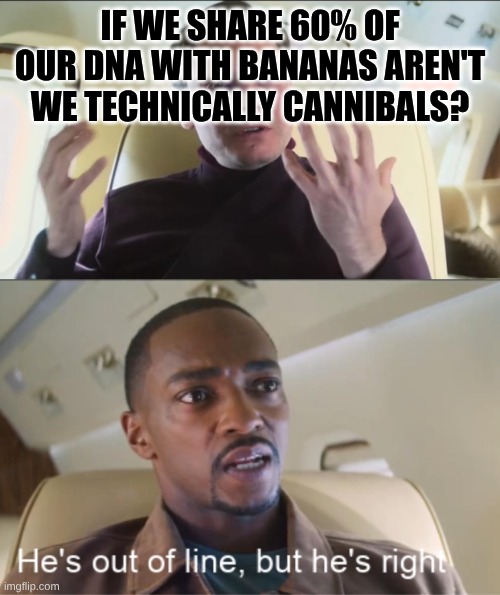 ? | IF WE SHARE 60% OF OUR DNA WITH BANANAS AREN'T WE TECHNICALLY CANNIBALS? | image tagged in he's out of line but he's right,biology,science | made w/ Imgflip meme maker