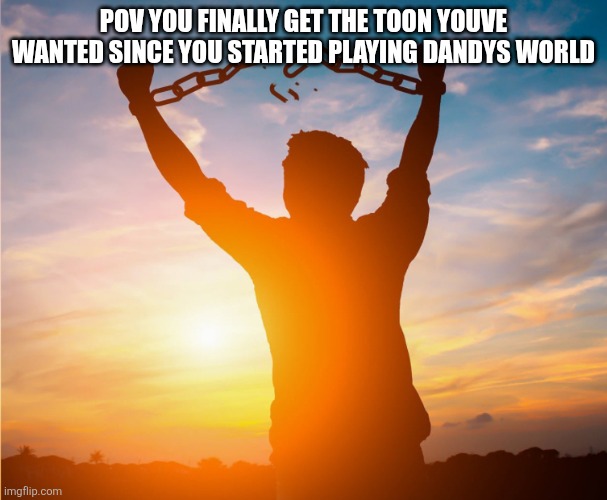Man breaking free from chains over the sunset | POV YOU FINALLY GET THE TOON YOUVE WANTED SINCE YOU STARTED PLAYING DANDYS WORLD | image tagged in man breaking free from chains over the sunset | made w/ Imgflip meme maker