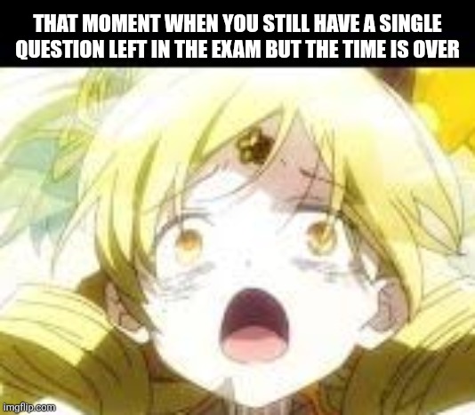 THAT MOMENT WHEN YOU STILL HAVE A SINGLE QUESTION LEFT IN THE EXAM BUT THE TIME IS OVER | image tagged in memes,exams,time,puella magi madoka magica | made w/ Imgflip meme maker