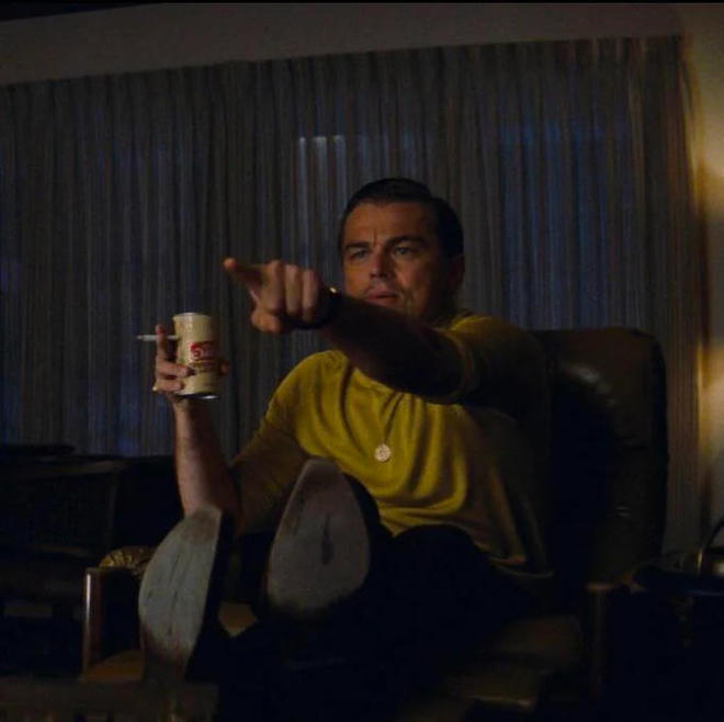 Leonardo DiCaprio pointing from Once Upon a Time in Hollywood. Blank Meme Template