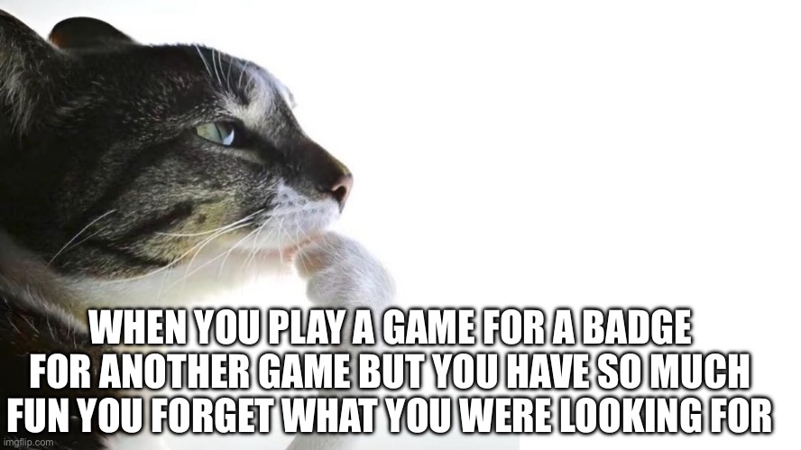 Die of death core: | WHEN YOU PLAY A GAME FOR A BADGE FOR ANOTHER GAME BUT YOU HAVE SO MUCH FUN YOU FORGET WHAT YOU WERE LOOKING FOR | image tagged in thinker | made w/ Imgflip meme maker